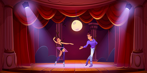 Theater stage with ballet dancers couple and backdrop of night landscape. Ballerina in tutu dance with man on wooden scene with red curtains, columns and spotlights, vector cartoon illustration