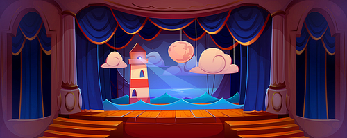 Empty theater stage with blue curtains, wooden floor, columns. Vector cartoon illustration of lighthouse and night seascape decoration with full moon background ready for play, performance, concert