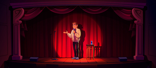 Comedy show, stand up, open mic comedian on stage. Spotlighted comic man with microphone joking at standup amusement club scene. Humorous entertainment night concert, Cartoon vector illustration