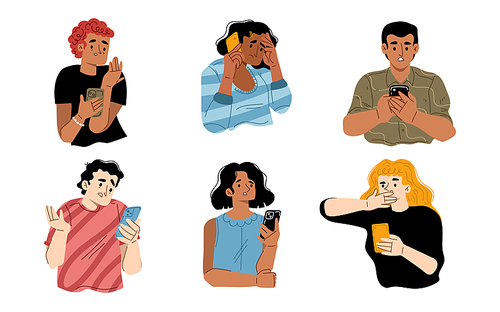 People receive bad news from mobile phone. Diverse sad, confused, anxiety and scared characters looking at smartphone in shock isolated on white , vector hand drawn illustration