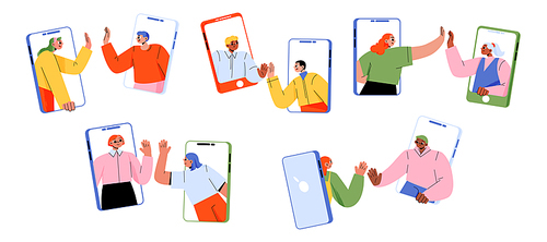 People on phones give high five. Video call or mobile chat conversation. Friends hit the palms on smartphones screens in chat messenger. Online distant communication, Linear flat vector illustration