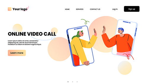Online video call banner with man and woman on mobile phone screens giving high five to each other. Concept of online meeting of friends or team, vector landing page with flat illustration