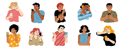 Bad news concept with unhappy people reading negative shocking messages on smartphone screen. Frustrated male and characters grief, sorrow and sadness emotions, Cartoon linear vector illustration