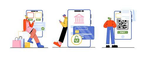 Online bill, payment via mobile phone concept. People use smartphone for shopping or bank financial transactions. E-wallets, digital modern pay technology and retail, Linear flat vector illustration
