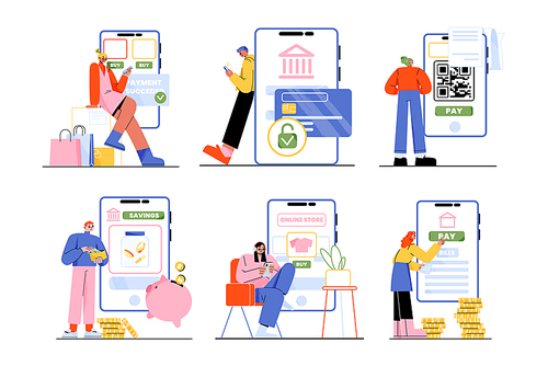 People pay, transfer money, make savings with mobile phone. Concept of digital bank service, online payment with persons with smartphone with credit card and QR bar code on screen, vector illustration