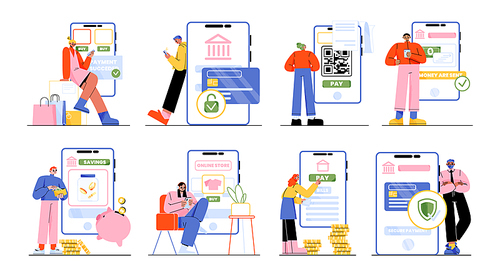 People pay, transfer money, make savings with mobile phone. Concept of digital bank service, online payment with persons with smartphone with credit card and QR bar code on screen, vector illustration