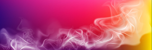 Realistic smoke on abstract colored background. White fog or fume wave in neon purple, pink and yellow light, aroma steam, vapor, template for banner, hookah bar ads, Vector illustration