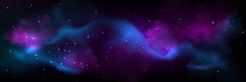 Abstract space galaxy view with colorful blue and pink cloud, many stars sparkling in darkness of deep universe. Fantastic colorful Northern Lights glowing in night sky. Realistic vector illustration