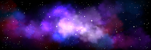 Space background with realistic nebula and shining stars. Colorful purple and blue cosmos with stardust and milky way. Infinite universe and starry night sky, Magic galaxy world, Vector illustration