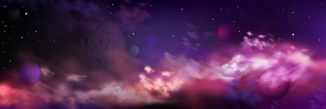 Realistic space background with planets, stars and nebula clouds in colorful purple and blue colored sky. Fantasy heaven, cosmos panoramic landscape, far universe, infinity 3d vector illustration