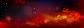 Realistic space background with planets, stars and nebula clouds in vibrant red and orange colored sky. Fantasy heaven, deep cosmos panoramic landscape, far universe, infinity 3d vector illustration