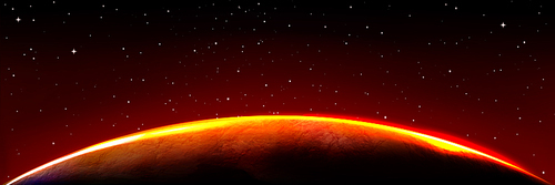 Mars alien planet edge in sunrise light on black sky with shining stars. Outer space background, planet globe with red glow, luminous atmosphere on horizon border, Realistic 3d vector illustration