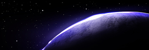 Planet with blue light on horizon from rising sun on background of black cosmos with stars. Banner with outer space and Earth globe with glow of atmosphere on edge, vector realistic illustration
