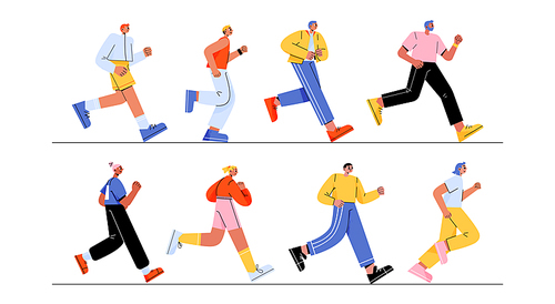 Set of diverse running people. Concept of sport activity, outdoor exercises, fitness. Multiracial characters in sportswear jogging, training, run marathon isolated on white , vector flat set