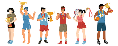 Sportsmen winners and champions. Young smiling happy sports characters holding golden trophy in hands celebrate victory in soccer, tennis, swimming competition, Cartoon linear flat vector illustration