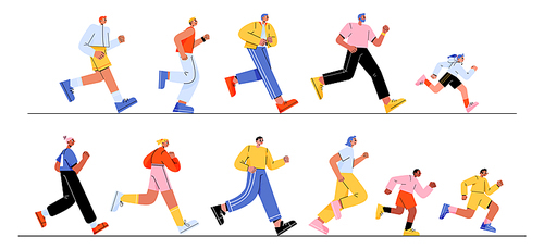 Set of adult people and children running isolated on white . Flat male and female characters hurrying to goals, rushing on business, jogging. Motivated for success. Vector illustration