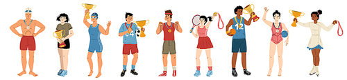 Happy athletes winners in sport competition with gold medals and cups. Diverse sportsmen, soccer, tennis and basketball players, swimmers, skater and runners, vector hand drawn illustration