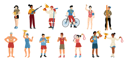 Sport athletes champions with gold medals and cups. Diverse sportsmen win prize in competition, soccer, tennis, hockey, basketball, biathlon vector hand drawn illustration