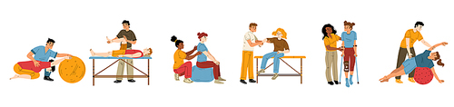 Therapists helping patients during rehabilitation, flat vector illustration set. Doctor doing fitness exercises with people recovering after injury or training persons with physical disabilities