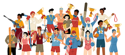 Multiethnic winner athletes with golden cups and medals. Flat vector illustration of happy hockey, basketball, tennis, cycling, skiing, swimming sports characters with awards celebrating victory