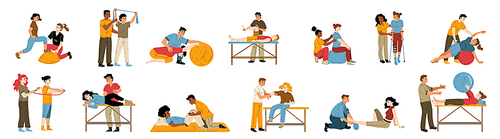 Physical therapy, treatment, massage and chiropractic. Doctors and patients on rehabilitation and recovery, doing exercises with balls, vector hand drawn illustration isolated on white