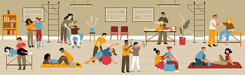 Physical therapy, rehab concept. People applying rehabilitation in clinic interior. Therapist work with disabled patients recuperate activity during physio procedure Cartoon linear vector illustration