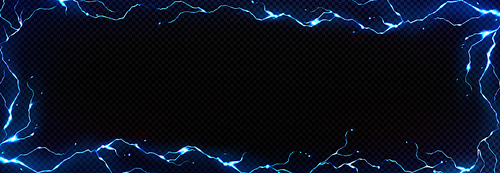 Lightning frame, thunder bolt effect background with blue electric strikes. Rectangular border with thunderbolt impact, crack, magical energy flash. electrical discharge, Realistic 3d vector bolts set