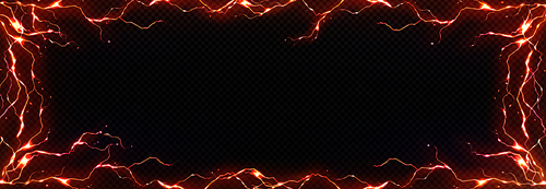 Realistic orange lightning frame png isolated on transparent background. Vector illustration of rectangular border decorated with bolt, electric discharge, flashing light effect. Magic power design