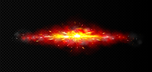 Explosion effect with fire, sparks and smoke. Burst with bright yellow light and sparkles. Bomb explode with flame, glow and steam isolated on transparent background, vector realistic illustration
