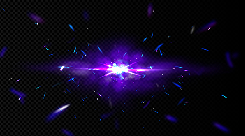 Star explosion with glow, smoke and sparkles. Magic burst effect with bright purple light, blue sparks and steam isolated on transparent background, vector realistic illustration