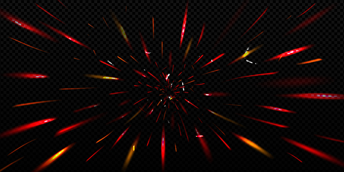 Zoom effect with red neon sparks speed motion from center. Abstract background with energy burst, explosion with fire sparkles radial movement, vector realistic overlay illustration