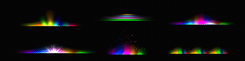 Light dividers, rainbow sunshine, glow effect lines with colorful light glitter, sparks and star dust. Vibrant glowing backlight shine stripes graphic design elements, Realistic 3d vector illustration