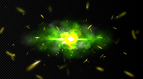 Explosion effect with sparks, green light and smoke. Bomb explode with yellow glowing center and flying particles or embers. Firework flare, flash, bright twinkle, Realistic 3d vector illustration