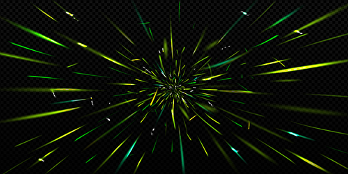 Sparks in motion with blur, speed light effect. Flare with green lines perspective view. Overlay zoom, fire pace, flame, burst abstract high-speed movement, Realistic 3d vector dynamic trails