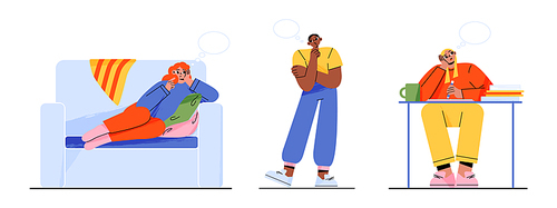 Dreaming people, smiling thoughtful young men and women work and relax at home or office workplace. Dreamy male and female characters with thought bubbles over head, Linear flat vector illustration