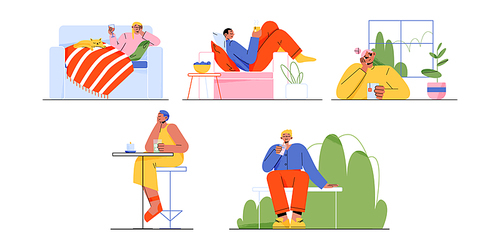 People drink, relax at home, bar and outdoors. Lazy male and female characters lying on coach, sitting at table and street bench with refreshing beverage, coffee or tea Linear flat vector illustration