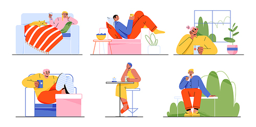 People relax with drinks at home, in bar and outside. Man with tea cup in chair, woman with wine glass and cat on sofa, girl with cocktail in bar, person with drink in park, vector flat illustration