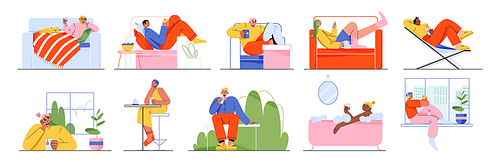 Set of people drink and relax at home, bar and outdoors. Lazy male and female characters lying on coach, bath tub sitting at table and street bench with coffee or tea, Linear flat vector illustration