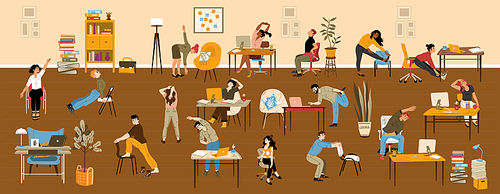 People doing stretching exercises in office. Work break for relax and stretch body on workplace. Men and women making physical activity and yoga on chair at desk, vector hand drawn illustration