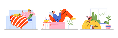 Relaxed people drinking tea and wine, having rest at home. Set of happy flat characters lying on sofa, sitting by window, enjoying hot drink or glass of cocktail. Hygge time. Vector illustration