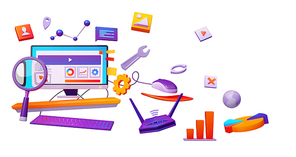 SEO optimization 3d render cartoon illustration. Technology for internet marketing and digital business content. Computer desktop with wrench, magnifier, cogwheel, wifi router and media icons around