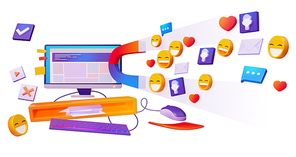 Social media marketing 3d render cartoon illustration. Smm strategy campaign, magnet attracting audience, likes, feedback and followers from computer desktop screen. Influencer viral content concept