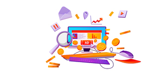 3D illustration of ppc management services icon isolated on white. Desktop computer with ads planning software on screen, golden dollar coins flying, magnifying glass, arrows and mail