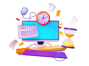 Work deadline concept. 3D illustration of desktop computer, clock, date marked in calendar with red checkmark, hourglass and note papers isolated on white. Busy schedule. Time management