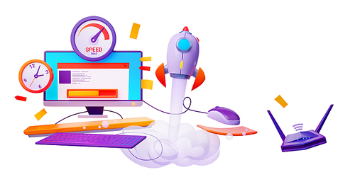 3D illustration of desktop computer with web page, speedometer and clock icons, rocket launch and wi-fi router isolated on white. Website loading speed test. Internet traffic optimization