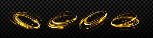 Abstract gold light swirls, circle lines glow effect. Vector realistic set of magic rings, shiny energy whirls, round flash motion isolated on transparent background