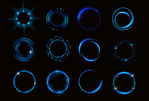 Glowing blue circles with sparkles, round frames, shiny borders with glitter or fairy dust, glow rings, fantasy design elements isolated on black background, Realistic 3d vector illustration, set