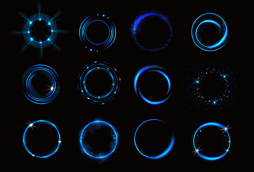 Glowing blue circles with sparkles, round frames, shiny borders with glitter or fairy dust, glow rings, fantasy design elements isolated on black background, Realistic 3d vector illustration, set