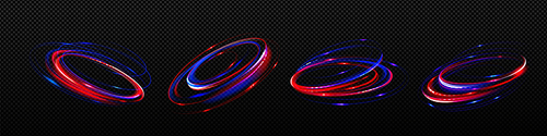 Light motion effect, circle trails of energy flare or glow movement. Vector realistic set of abstract swirls of blue and red shiny lines isolated on transparent background