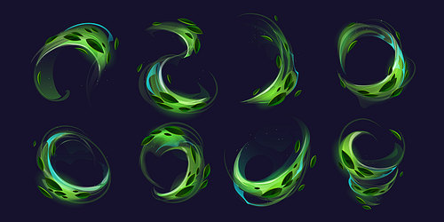 Fresh wind effect, green air swirls with leaves and sparkles. Tea splash and vortex with flying mint leaves isolated on black background, vector realistic illustration